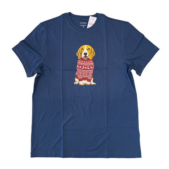 **NWT J. Crew Men's Blue W/Beagle in Christmas Sweater Graphic Tee - SIZE MEDIUM - Picture 1 of 5
